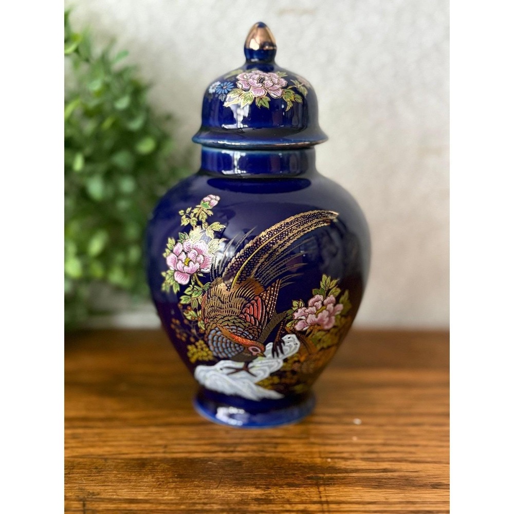 Vintage Imperial Kutani Japan Cobalt Pheasant Peony Ginger Jar 6"